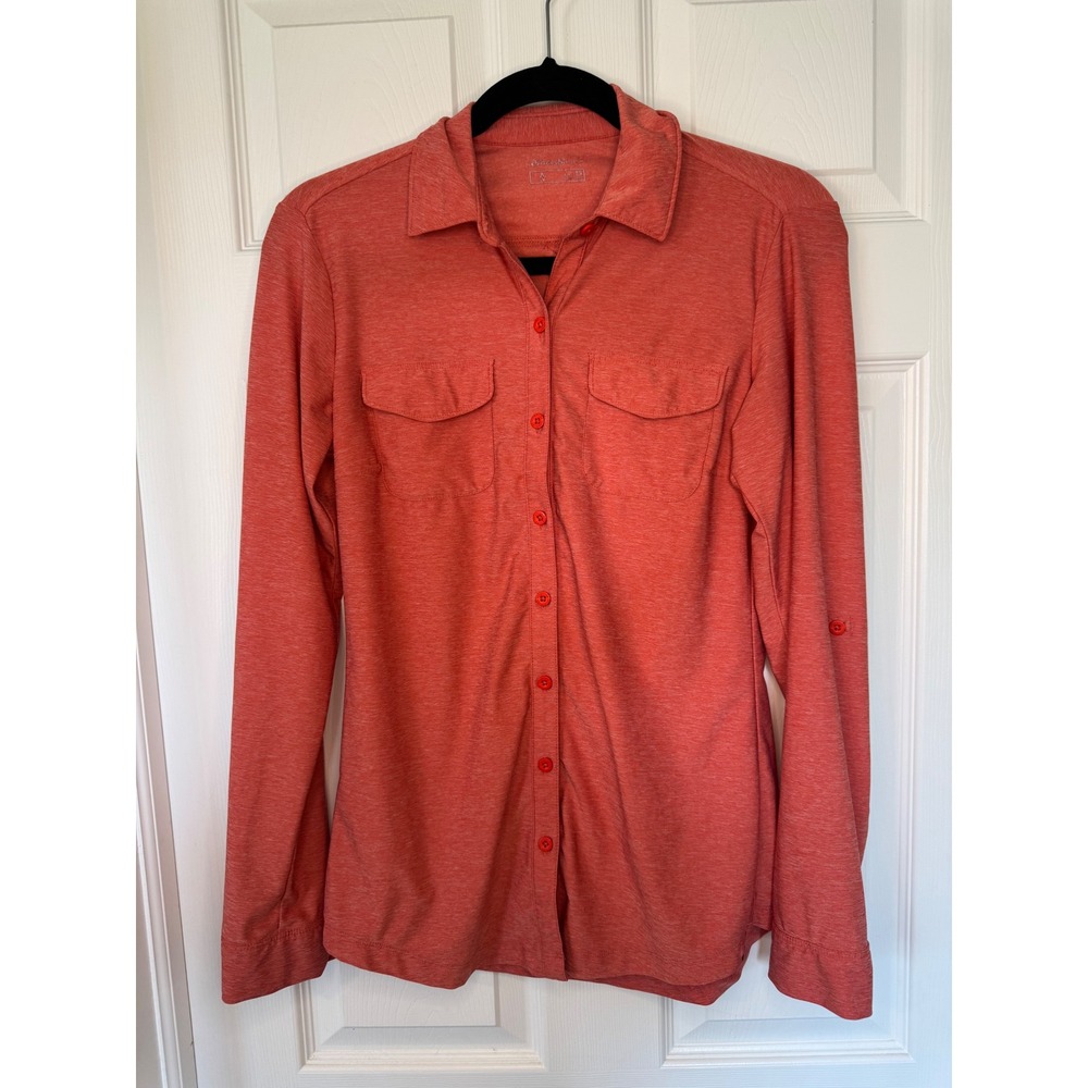 Eddie Bauer Womens XS Coral Heather Roll Tab Sleeve Hiking Button Up Shirt
